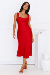Flirtation Station Satin Midi Dress Red