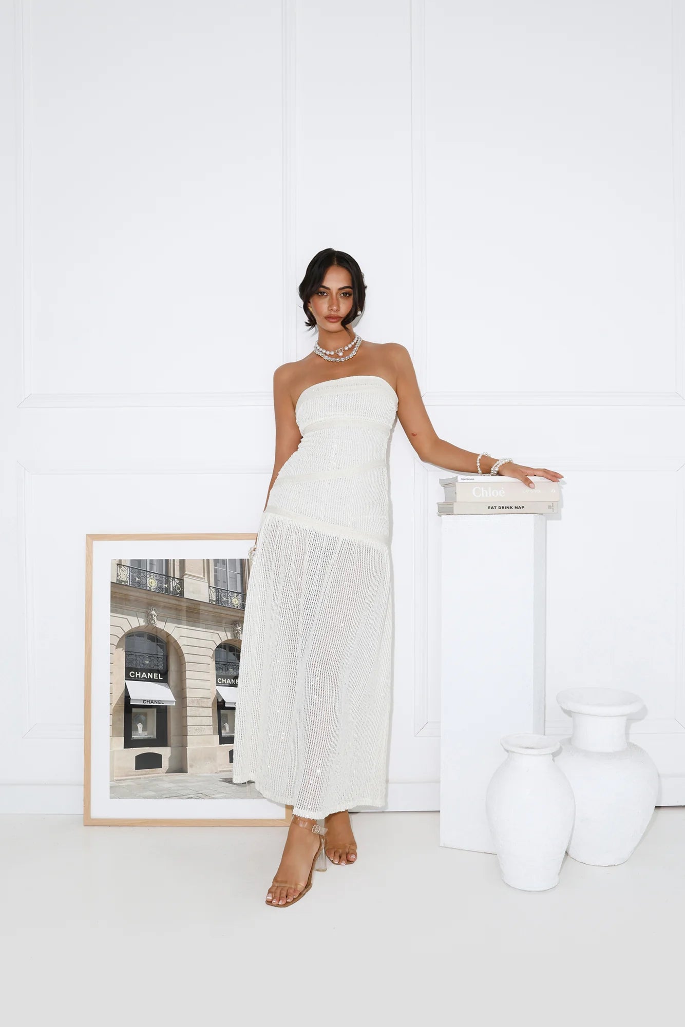 Beach Shimmer Strapless Knit Midi Dress Cream