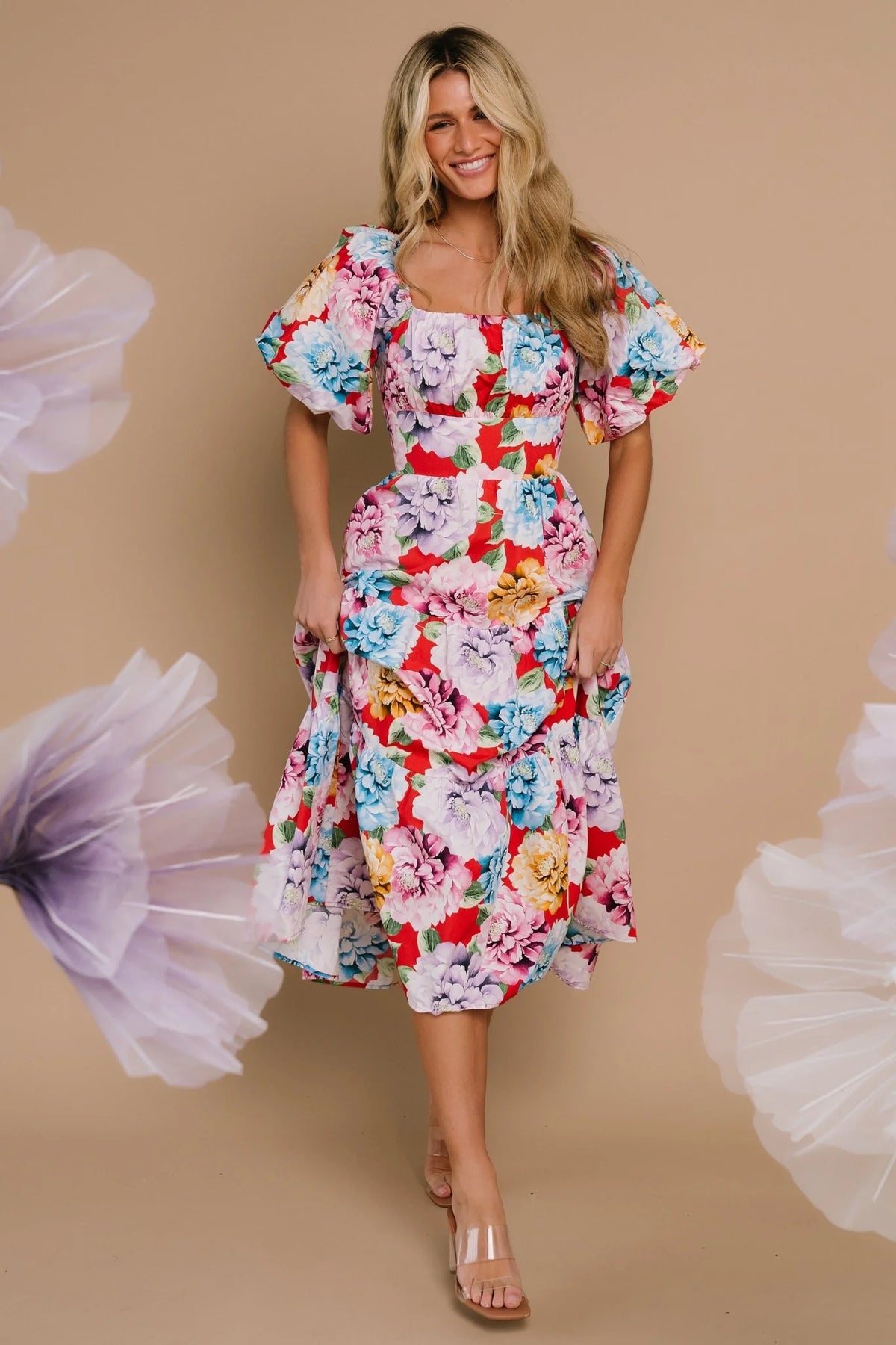 Iva Puff Sleeve Midi Dress | Red Multi Floral