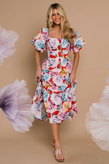 Iva Puff Sleeve Midi Dress | Red Multi Floral