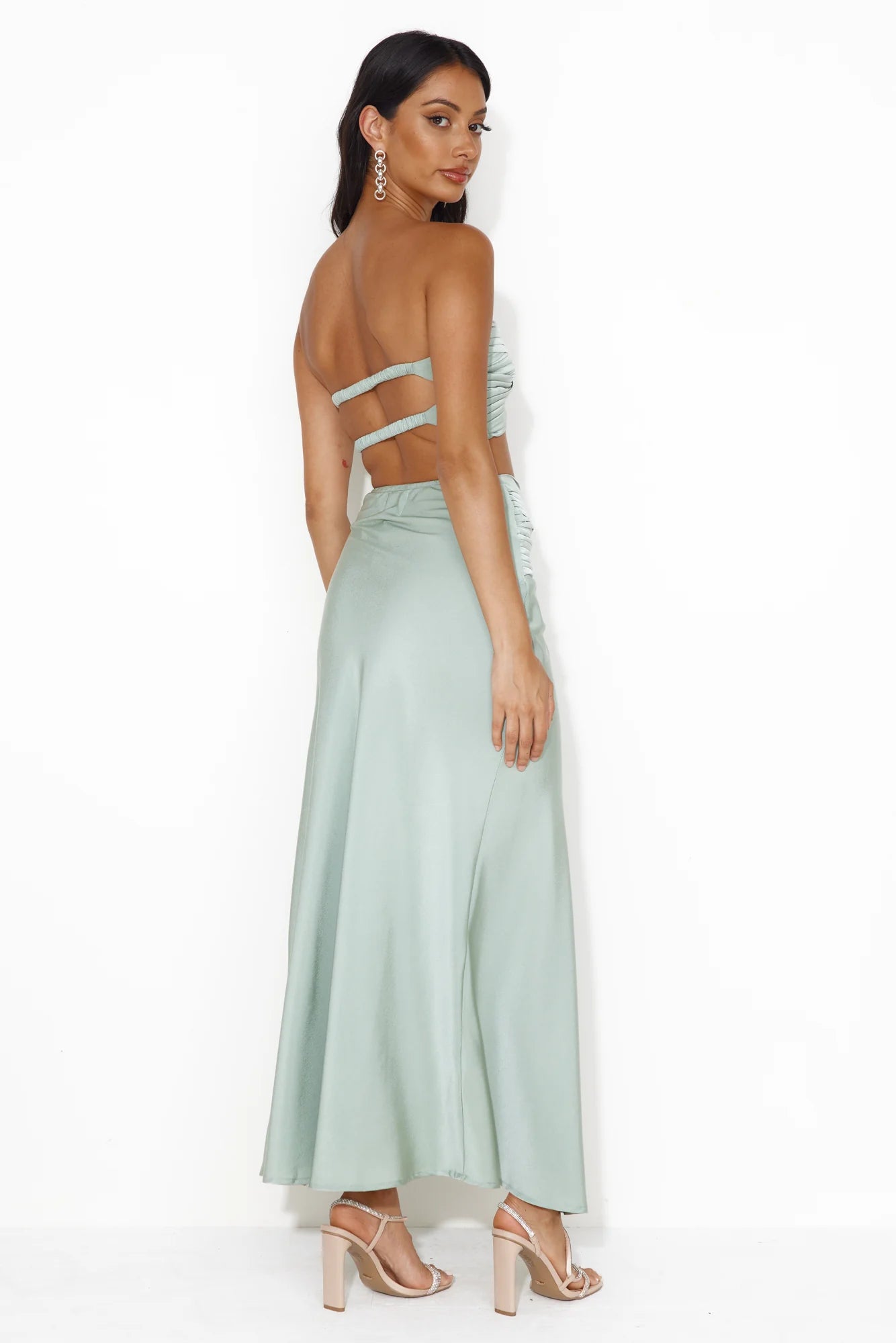 Diary Of Secrets Satin Strapless Crop Top Sage