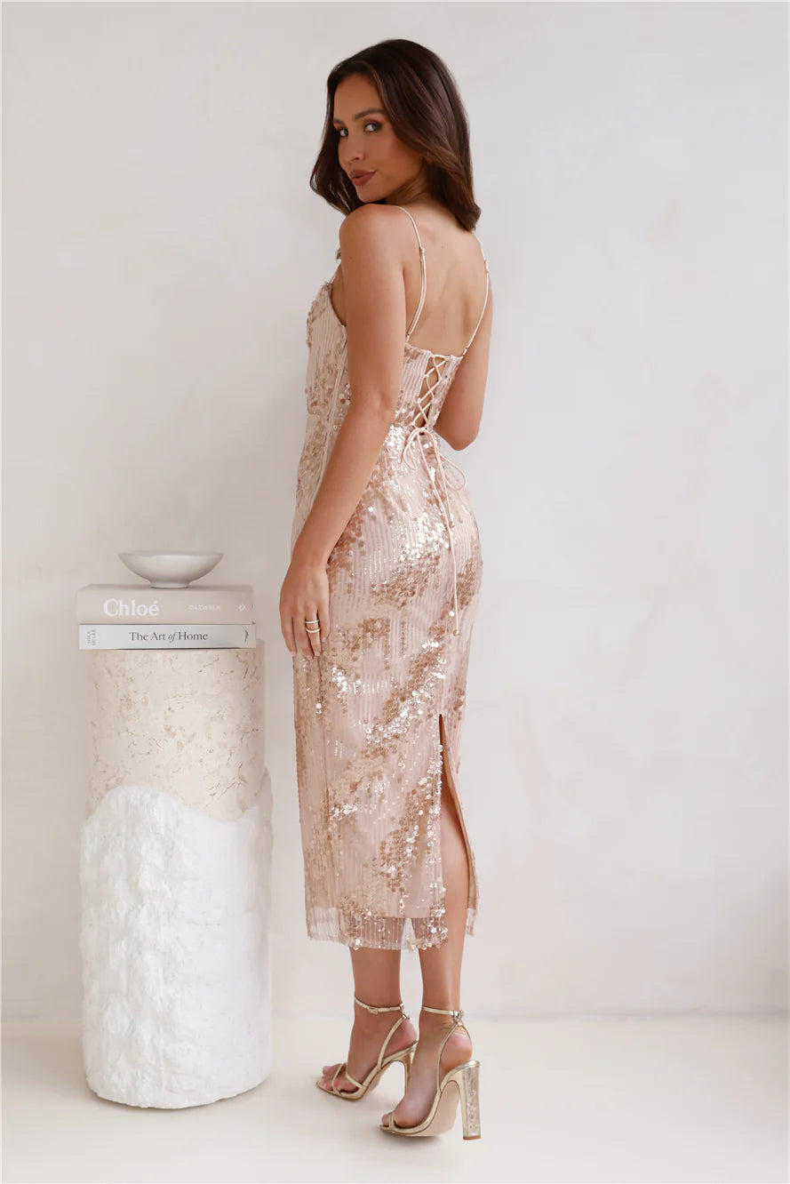 Enlighten Me Sequin Midi Dress Brown
