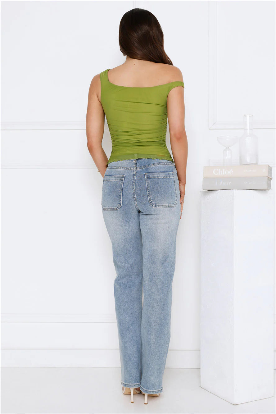 Fun In Motion Mesh Off Shoulder Top Olive