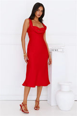Flirtation Station Satin Midi Dress Red