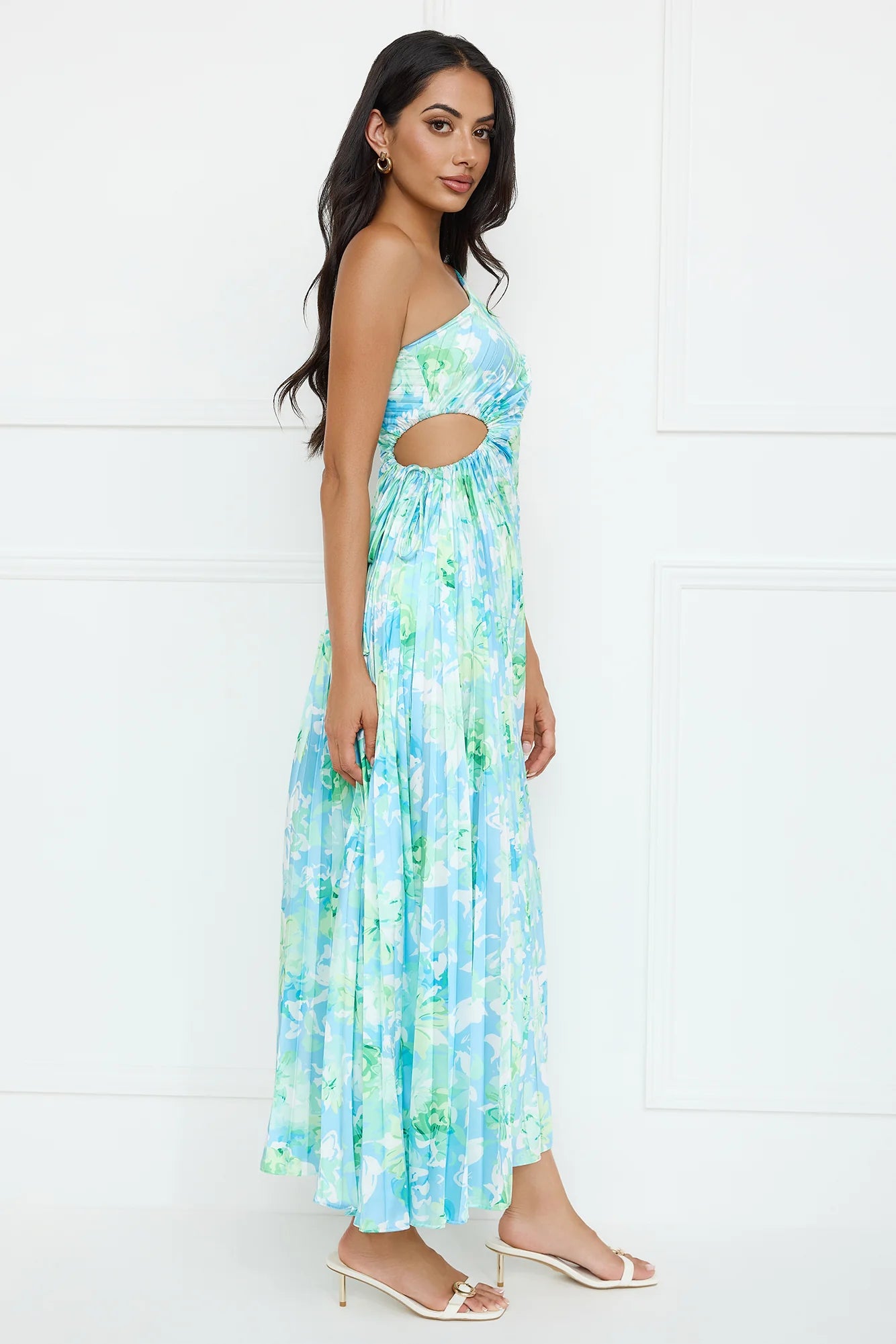 Emerald Ice One Shoulder Satin Pleated Maxi Dress Blue