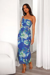 Celebrate Success One Shoulder Mesh Midi Dress Blue