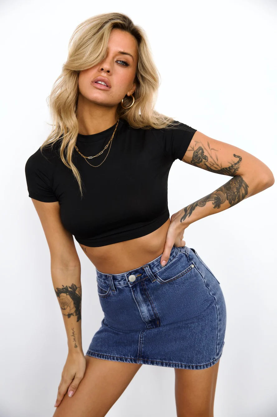 DNM High Rise Denim Mini Skirt Mid Blue