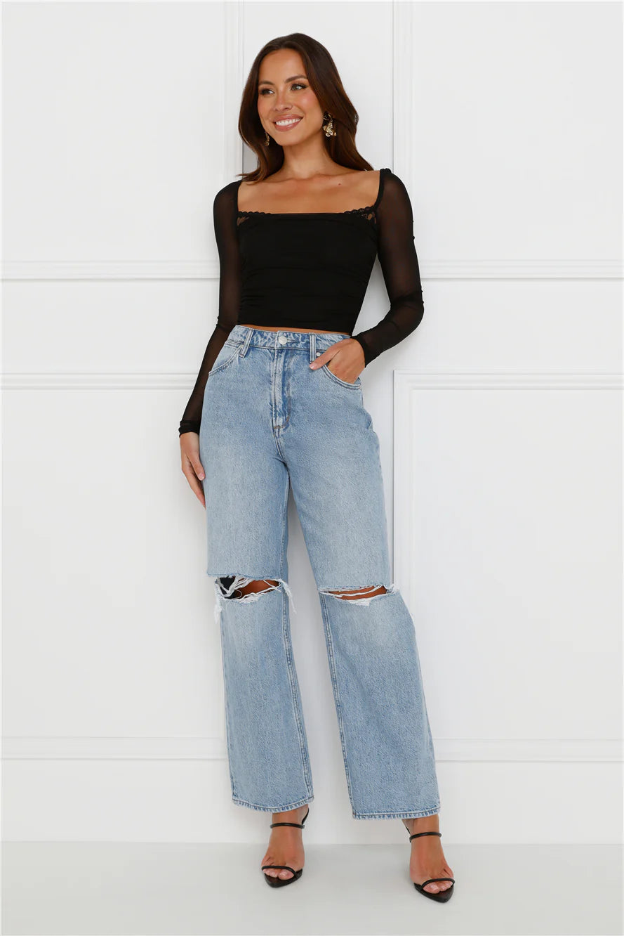 Decadent Style Mesh Long Sleeve Crop Top Black