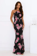 Blossom Beauty Halter Maxi Dress Black