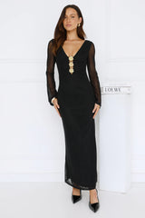 Golden Flower Mesh Long Sleeve Maxi Dress Black