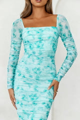 Flicking Pics Long Sleeve Mesh Midi Dress Green