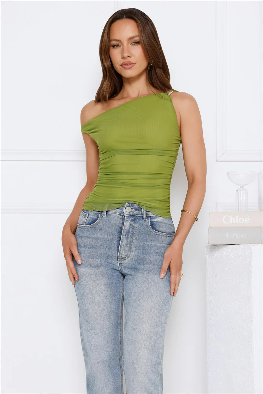 Fun In Motion Mesh Off Shoulder Top Olive