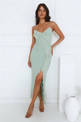 Flaunt It Girl Frill Mesh Maxi Dress Sage
