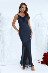 Elegant Simplicity Satin Maxi Dress Navy