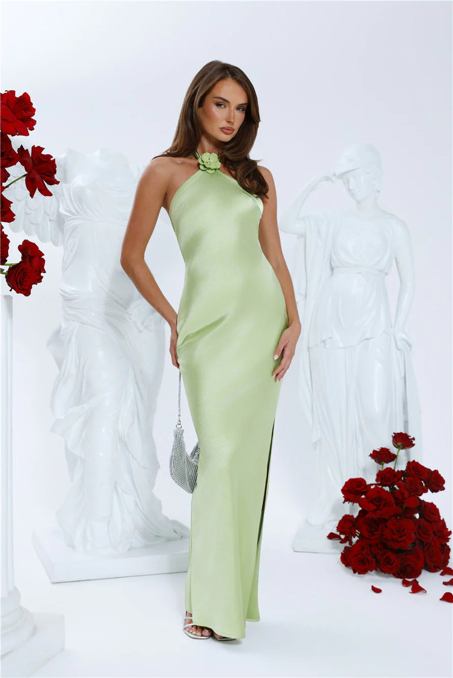 Clover Fields Satin Halter Maxi Dress Lime
