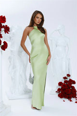 Clover Fields Satin Halter Maxi Dress Lime