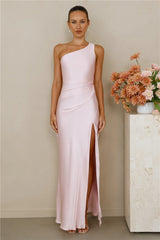 The Aurora One Shoulder Satin Maxi Dress Pink