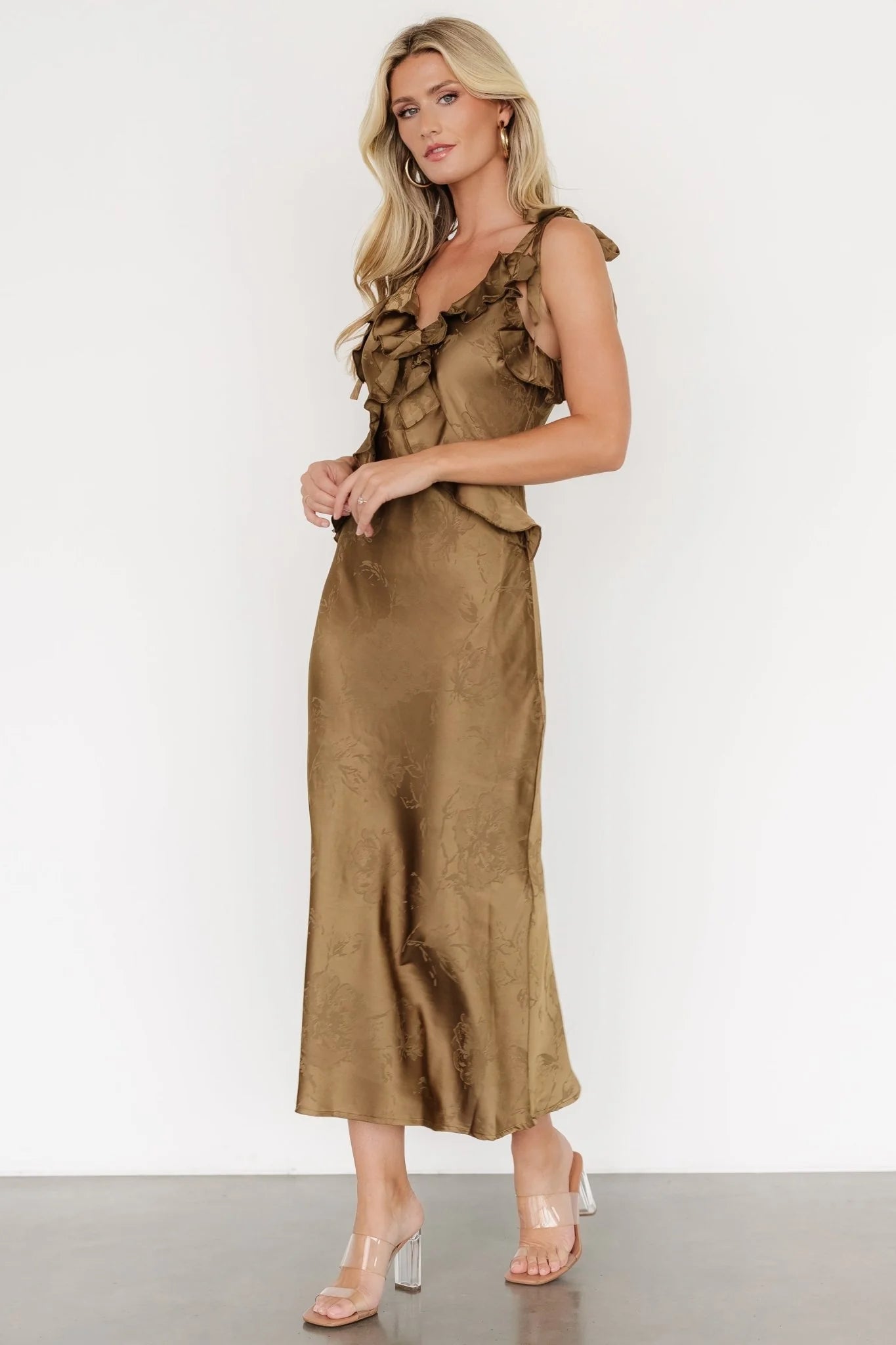 Gianni Satin Ruffle Dress | Olive