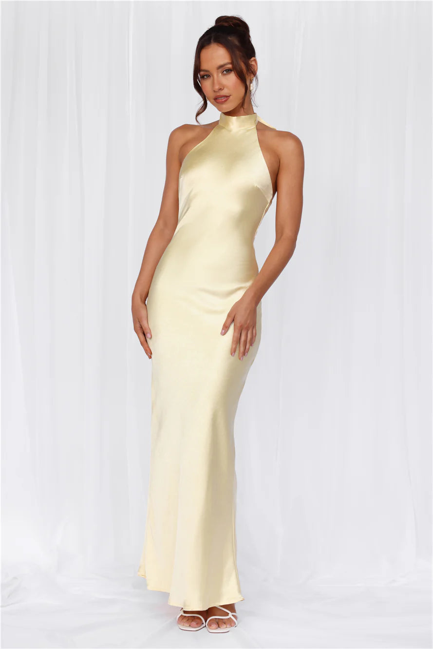 The Cleo Halter Satin Maxi Dress Yellow