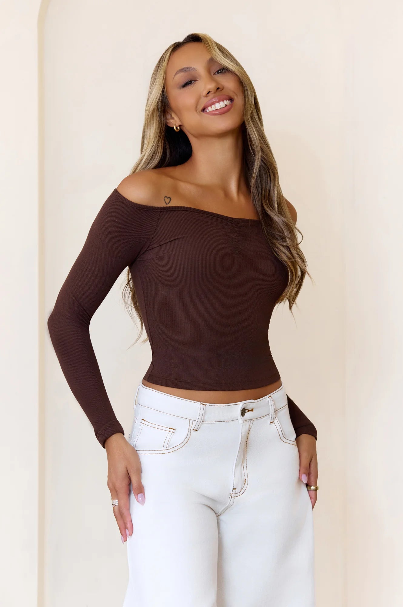 BASE Luxe Rib Pure Comfort Off Shoulder Long Sleeve Top Chocolate