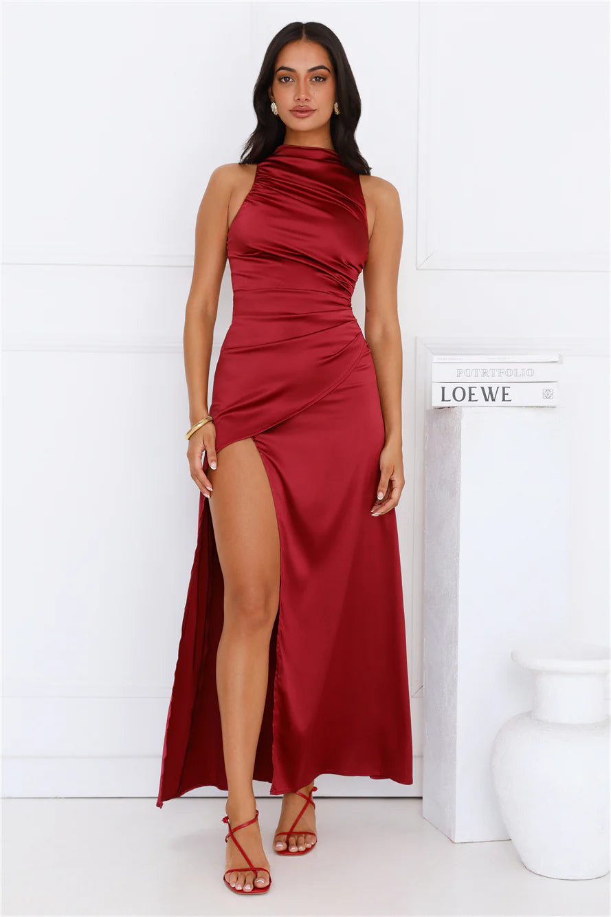 Diamond Cut Satin Maxi Dress Burgundy