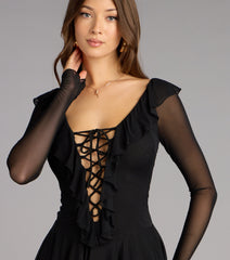 Lace-Up Moment Sheer Long Sleeve Mini Dress
