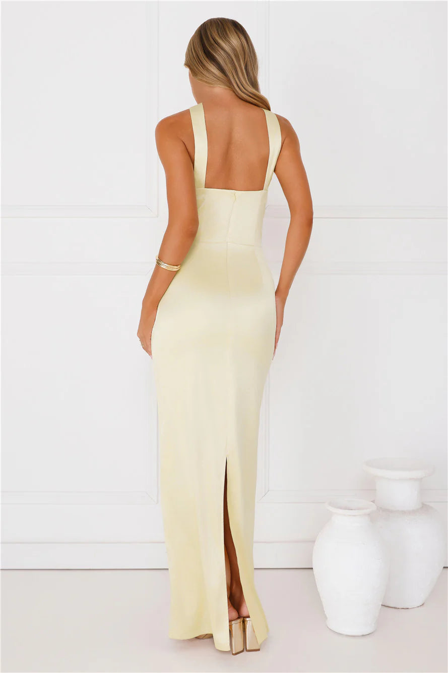 Diamond Elegance Satin Maxi Dress Yellow