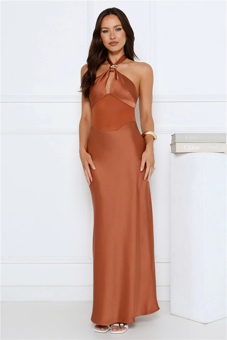 Formal Statement Halter Satin Maxi Dress Mocha