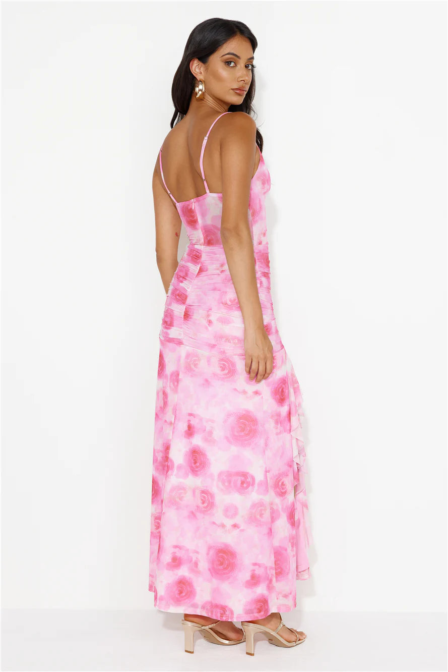 Dj's Music Mesh Frill Maxi Dress Pink