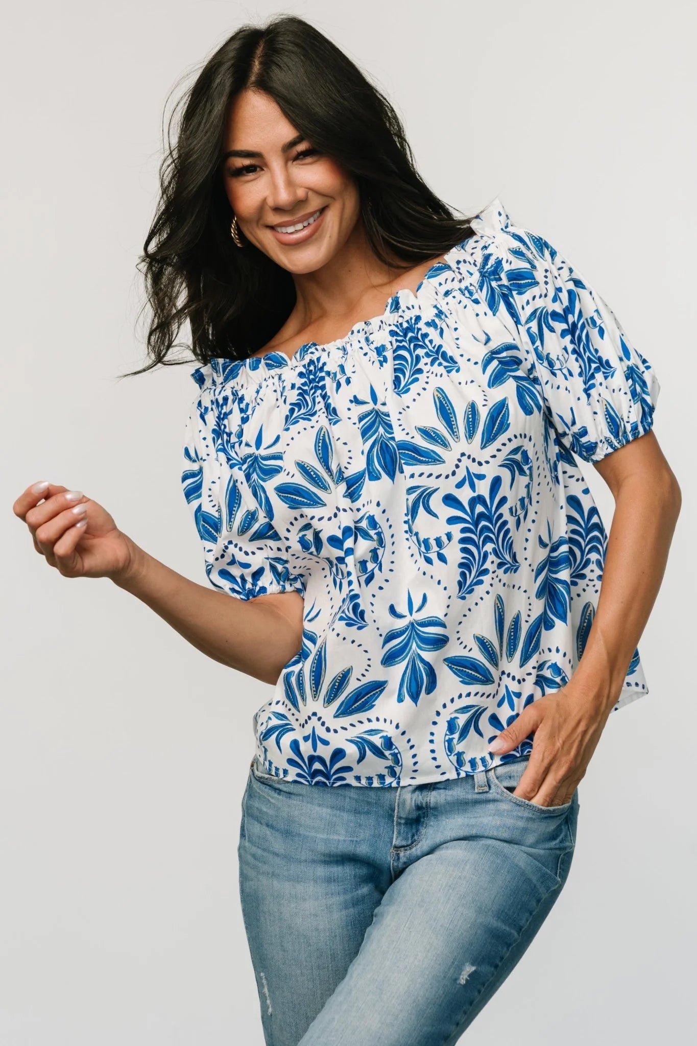 Santorini Off Shoulder Top | White + Blue
