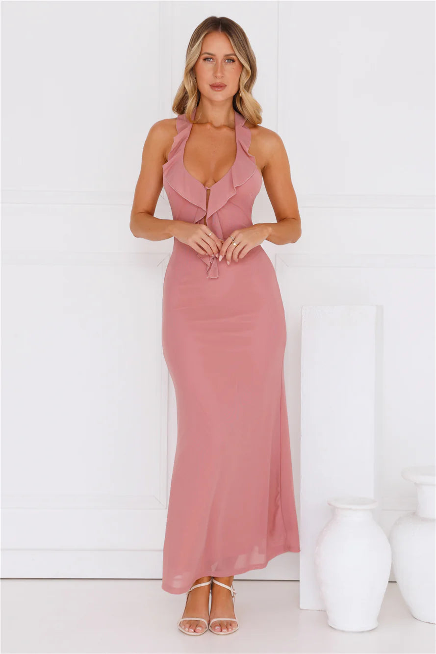 Everly Halter Mesh Maxi Dress Pink