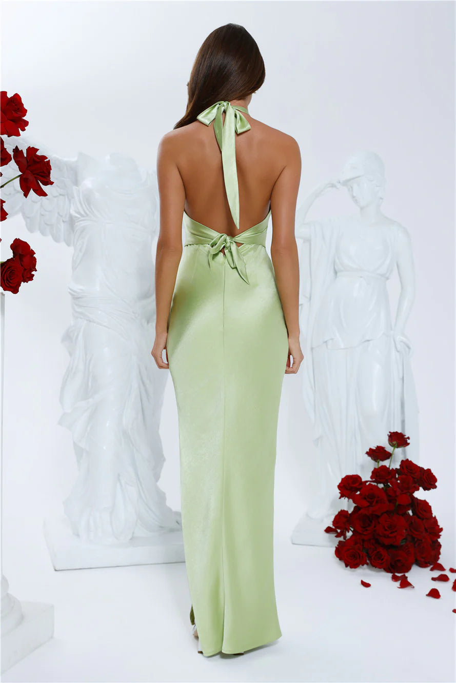 Clover Fields Satin Halter Maxi Dress Lime