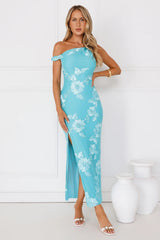 Billions Off Shoulder Mesh Maxi Dress Aqua