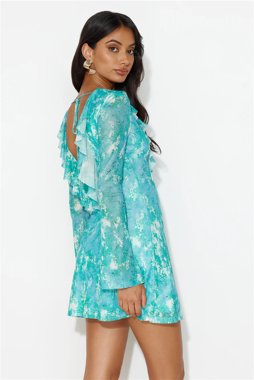 Fun For All Long Sleeve Mesh Mini Dress Green