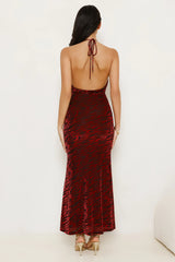 Zebra Charm Halter Maxi Dress Red
