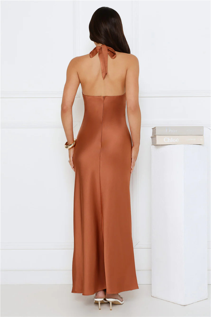Formal Statement Halter Satin Maxi Dress Mocha