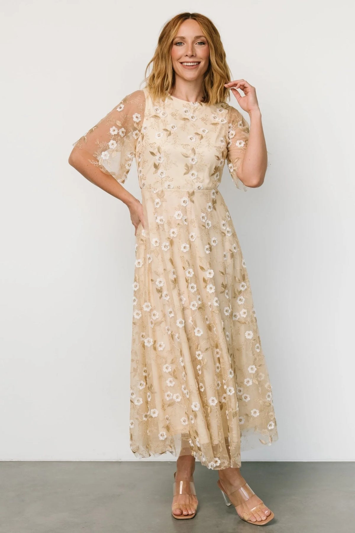 Arabella Embroidered Tulle Maxi Dress | Gold + White
