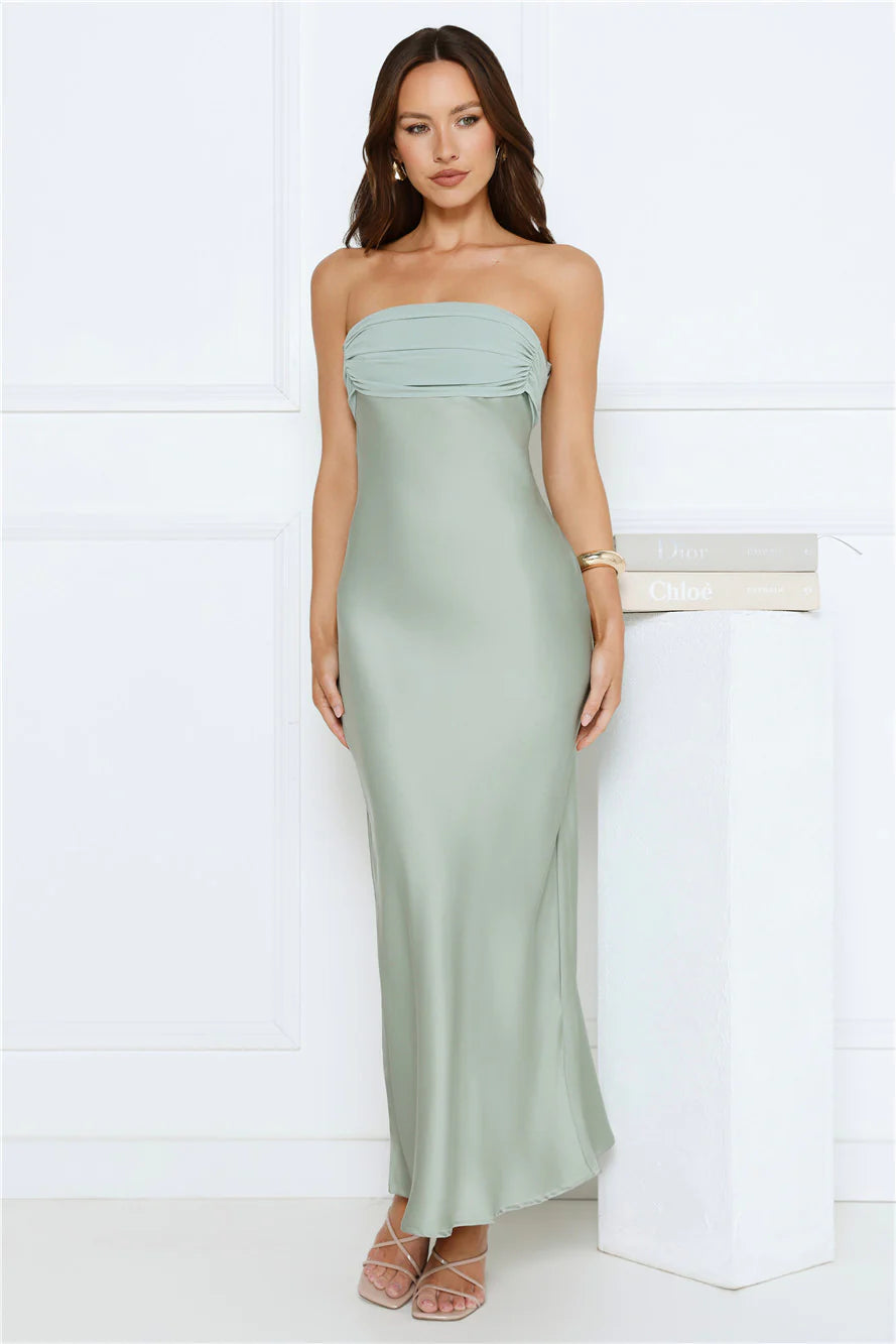 Every Love Song Satin Strapless Maxi Dress Sage