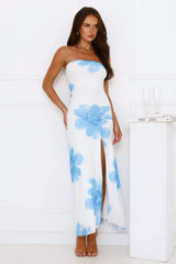 Designer Dream Strapless Mesh Maxi Dress Blue
