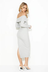 Winter Ice Ribbed Off Shoulder Midi Dress Grey