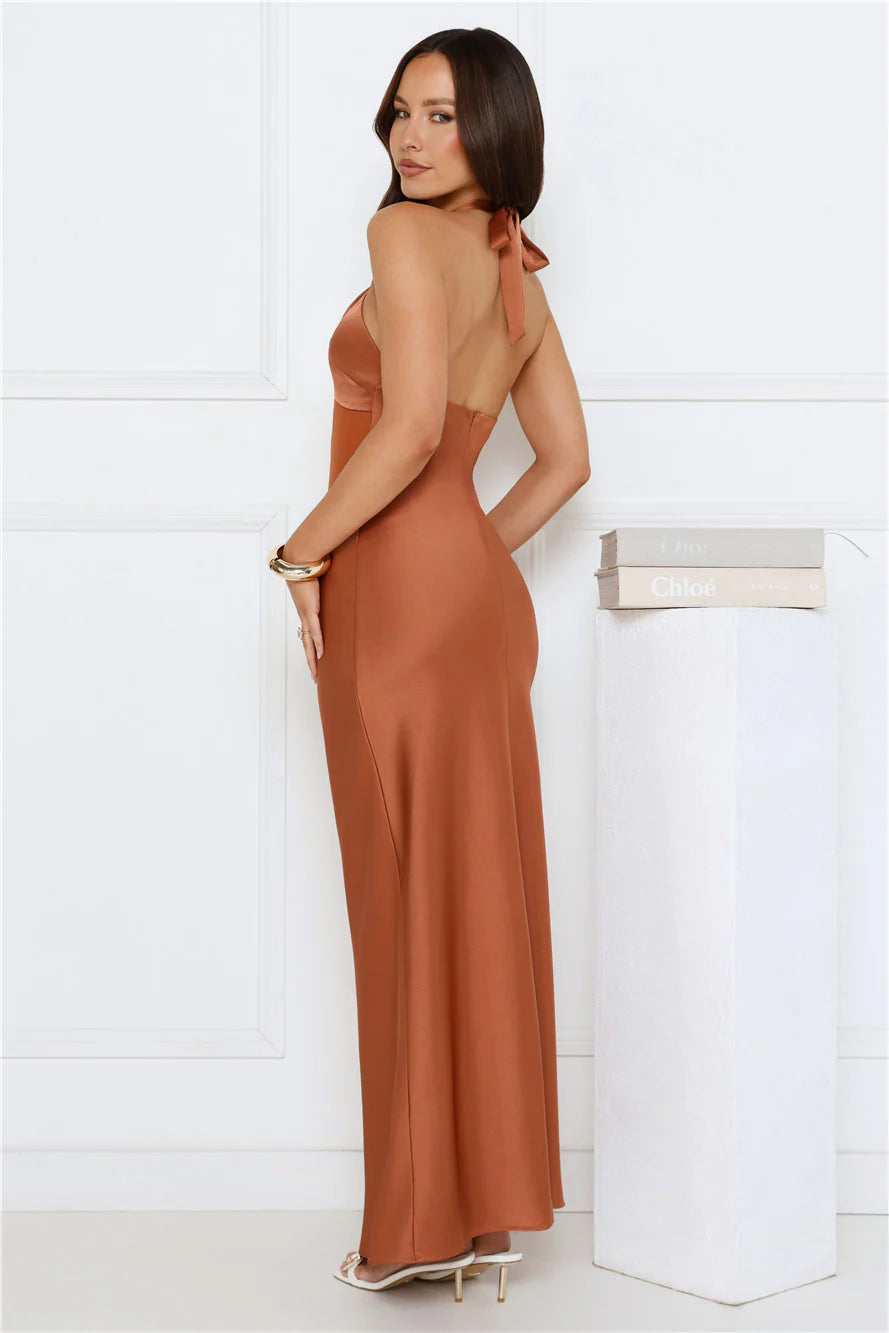 Formal Statement Halter Satin Maxi Dress Mocha