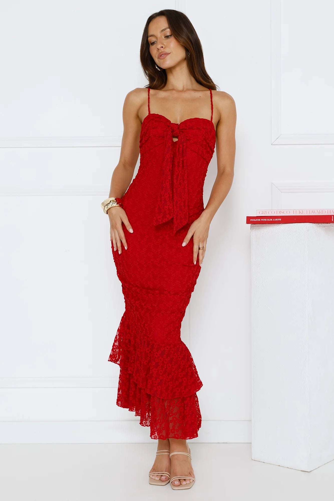 Frosted Rose Mesh Midi Dress Red