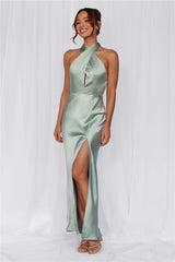 The Adeline Halter Satin Maxi Dress Sage