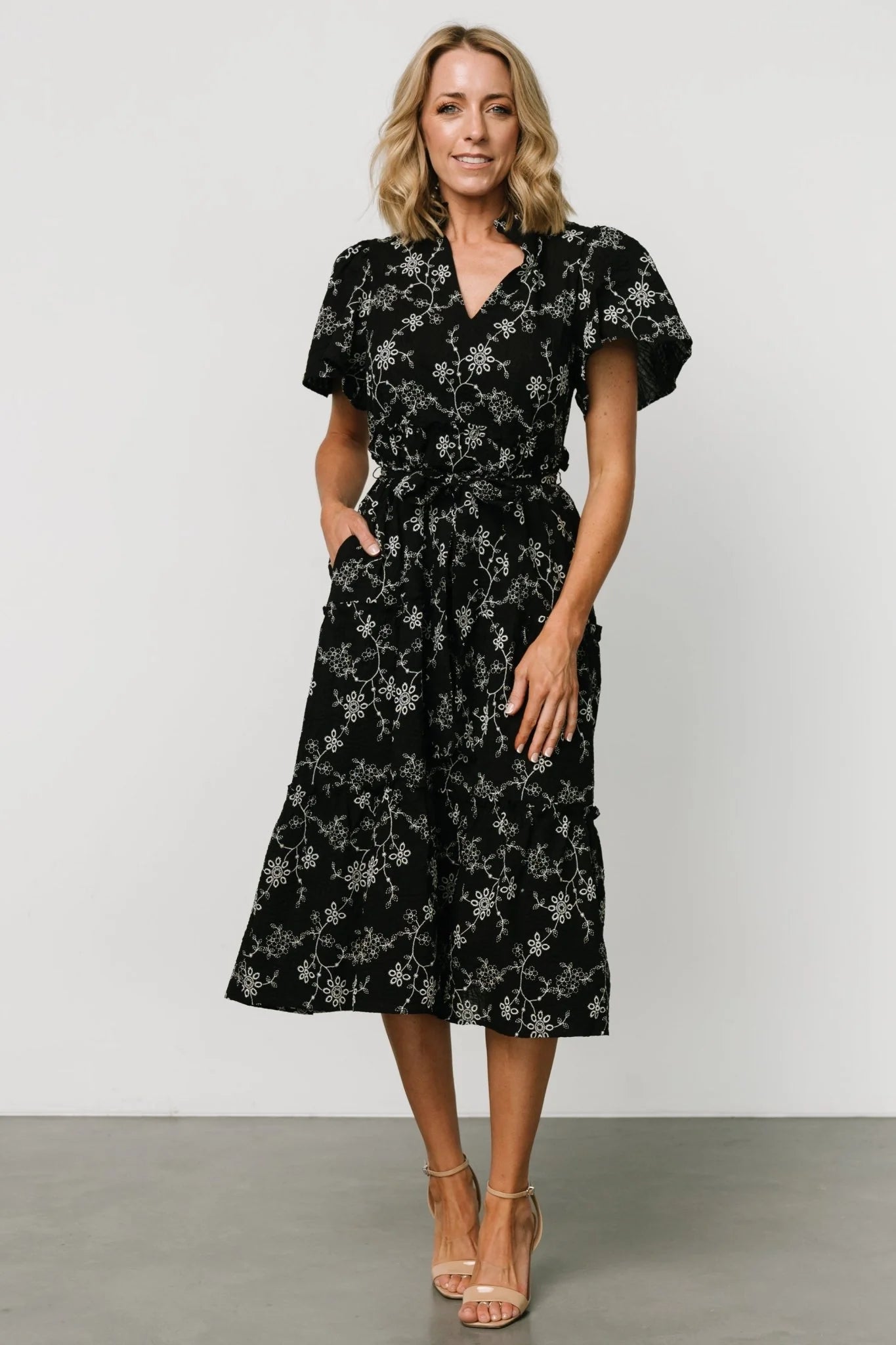 Odeya Tiered Midi Dress | Black + White