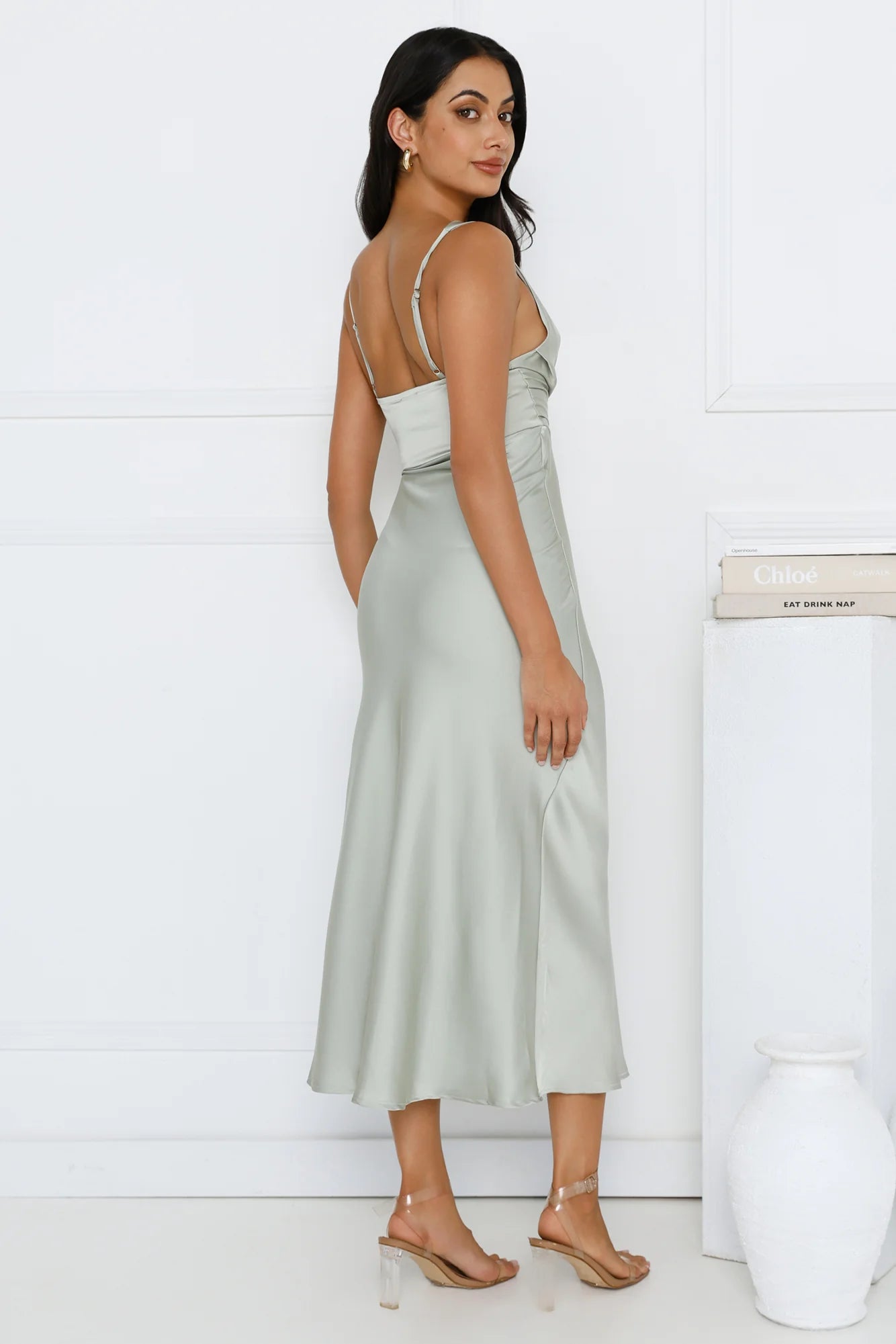 Emberly Satin Midi Dress Sage