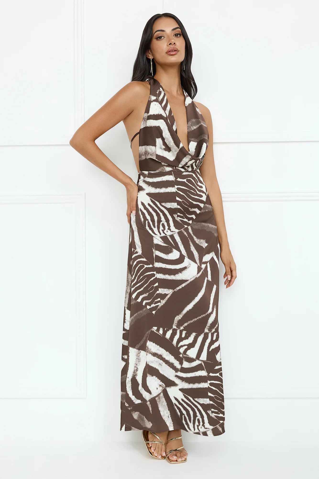 Caribbean Love Satin Halter Maxi Dress Brown