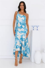 Whirl Of Color One Shoulder Satin Maxi Dress Blue