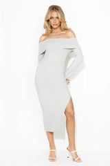 Winter Ice Ribbed Off Shoulder Midi Dress Grey