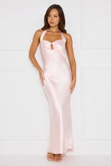 Ambiance Of The Night Halter Satin Maxi Dress Pink