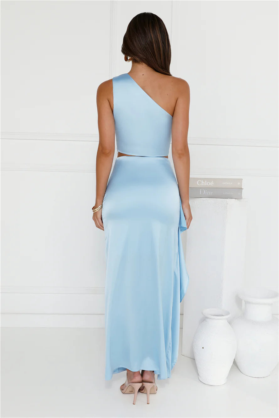 Beauty In The Spotlight Satin One Shoulder Crop Top Blue